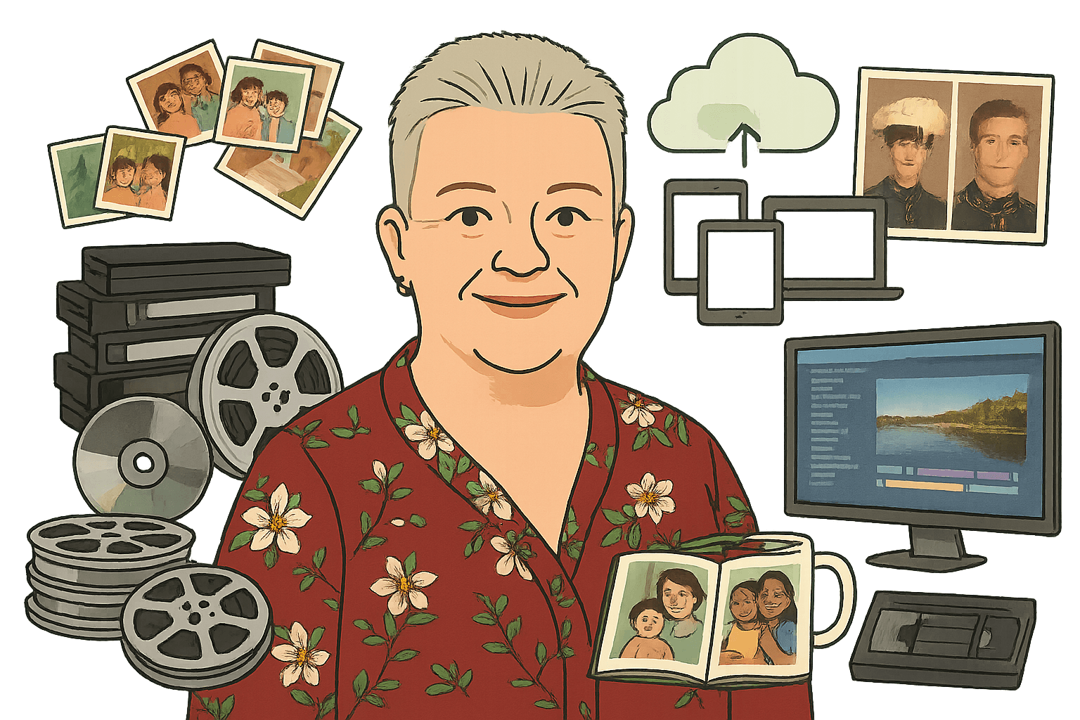 Cartoon illustration of a woman surrounded by photos, slides, film reels, VHS tapes, cassette tapes, CDs, and DVDs with a lighter tone, showing digital conversion process.
