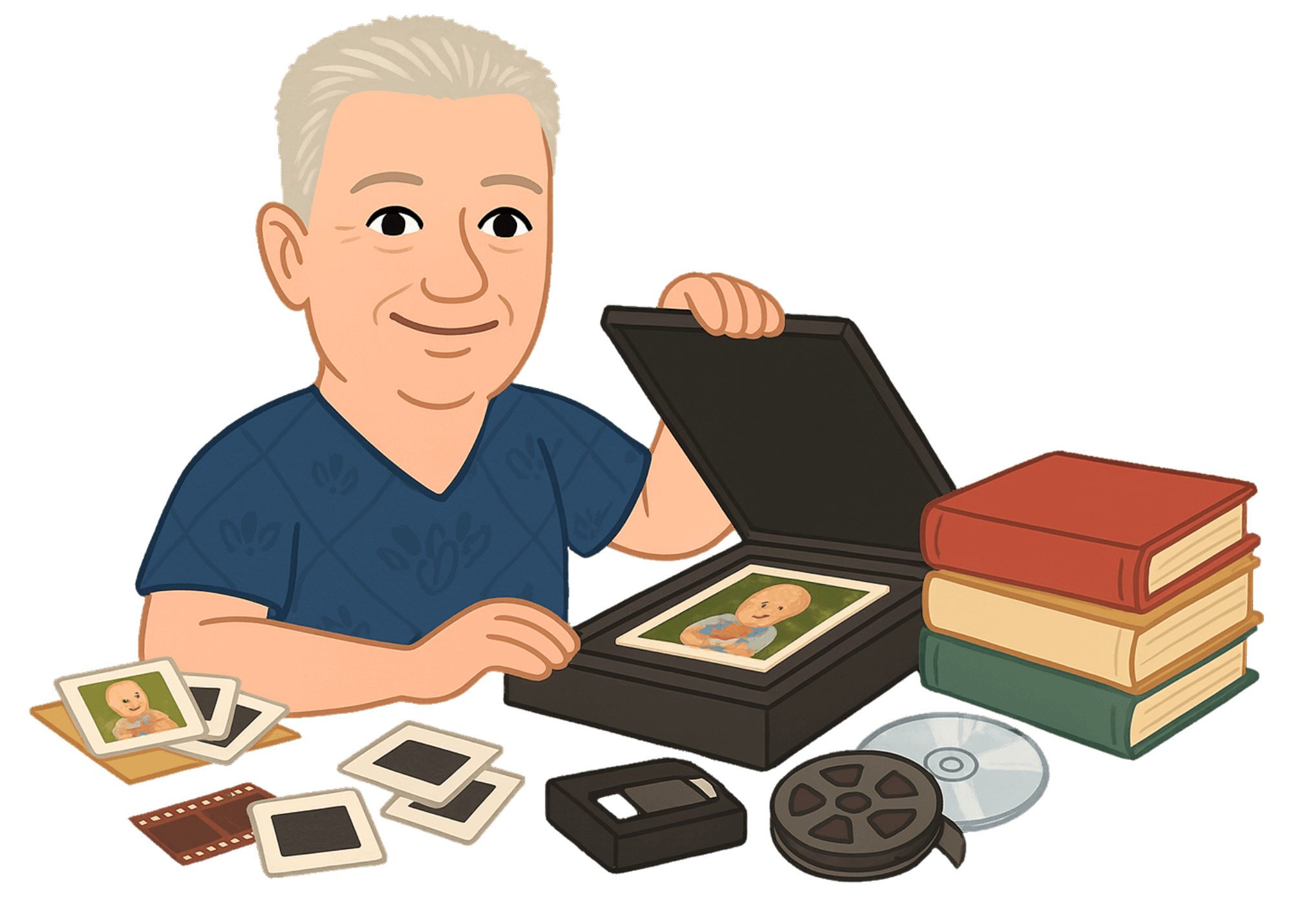 Cartoon illustration showing stacks of printed photos, slides, and negatives being scanned into a computer for digital preservation.