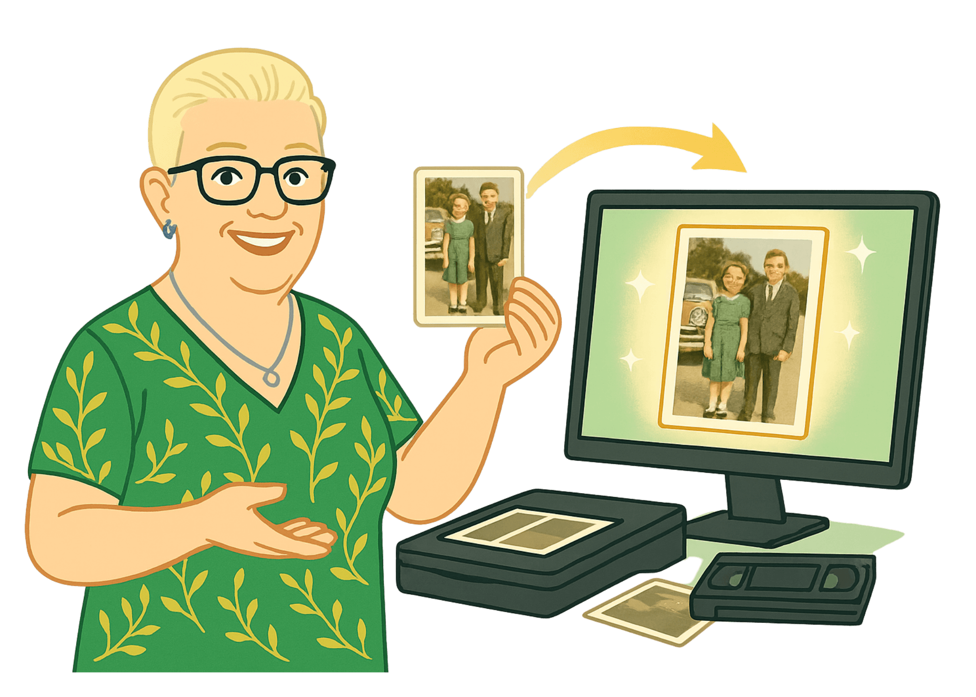 Cartoon illustration of Melody Helmick holding a vintage photo beside a computer showing the digitized version, with a scanner and VHS tape – AP Photo Solutions, Las Vegas