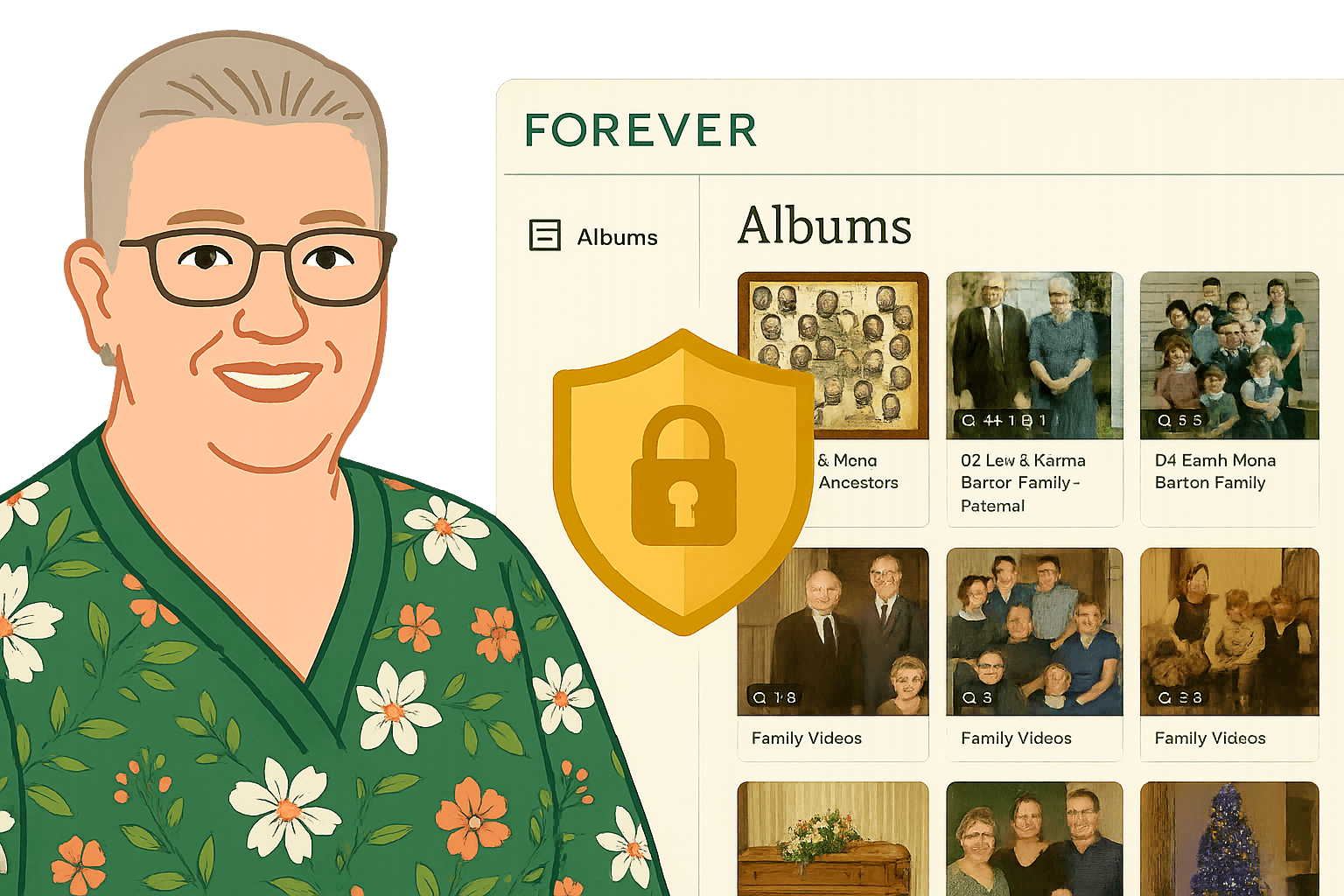 Cartoon illustration of Melody Helmick beside a FOREVER photo library interface with albums, featuring a gold shield icon for privacy and an infinity symbol for permanence – AP Photo Solutions, Las Vegas