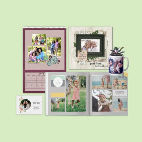 Set of photo gifts including a calendar, mug, magnets, canvas print, and an open photo book.