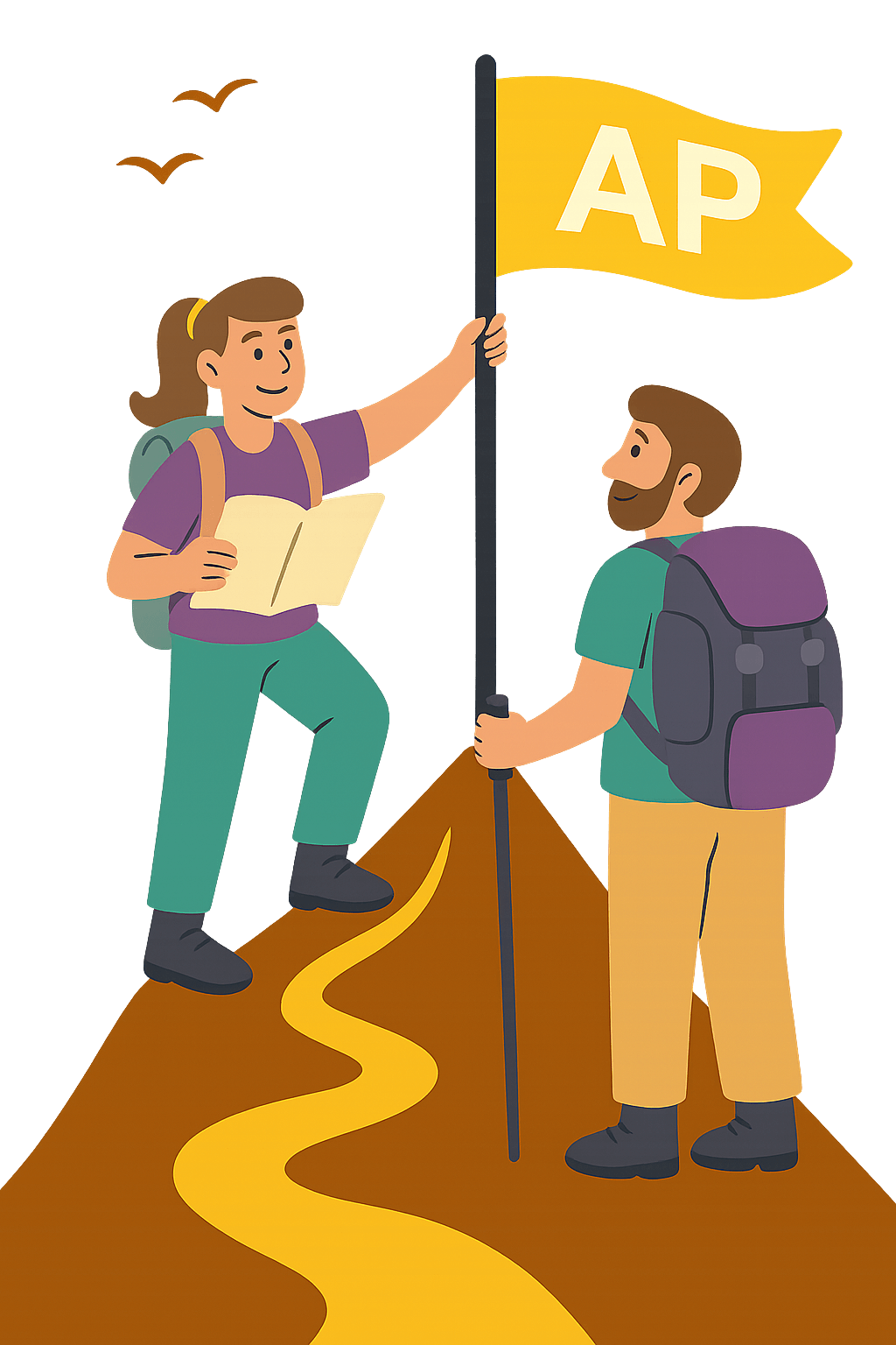 Cartoon illustration of a woman and man on a mountain peak planting a gold AP flag, representing the Trailblazer 40-hour package by AP Photo Solutions.