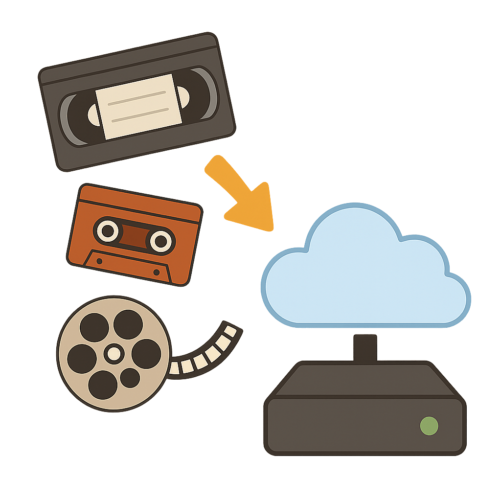 Illustration of a VHS tape, cassette tape, film reel, cloud, and digital device connected, representing media transfer or streaming.