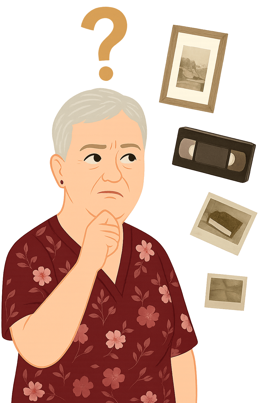 Cartoon illustration of a photo manager with a thoughtful expression, hand under chin, surrounded by vintage photo prints, a VHS tape, and a photo album, with a gold question mark above.