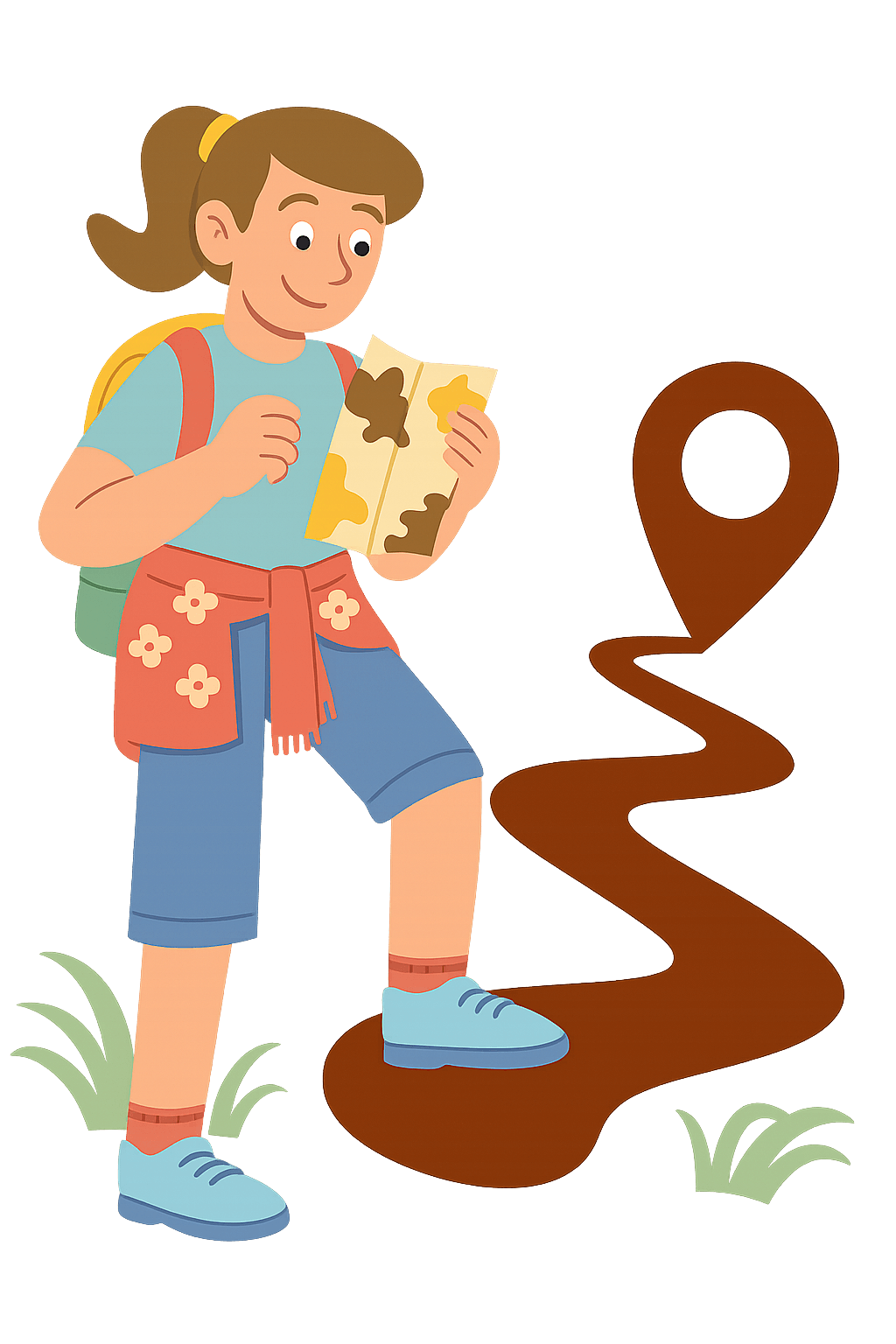Cartoon illustration of a female explorer with a backpack and water bottle, standing while holding a map and looking down a winding trail with a path marker, representing the Quester 10-hour package by AP Photo Solutions.