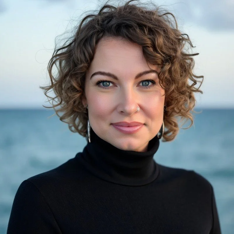 A woman with short, curly brown hair, blue eyes, wearing a black turtleneck and earrings, standing outdoors near the ocean.