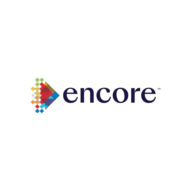Colorful logo with a pixelated arrow and the word 'encore' in black text.