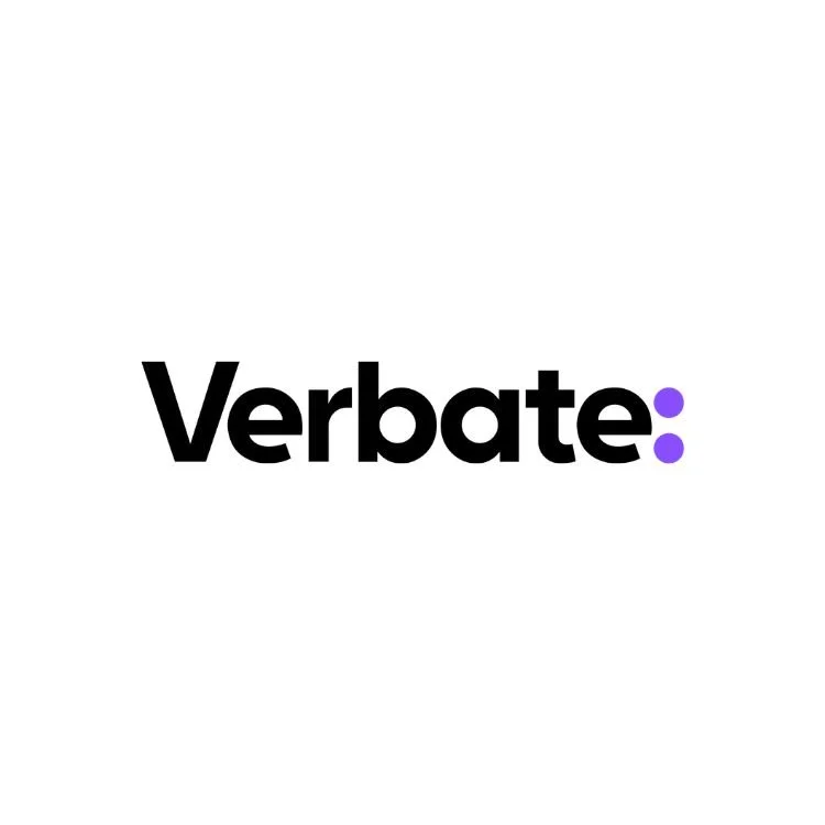 The logo of Verbate with black text on a white background and a purple colon symbol.
