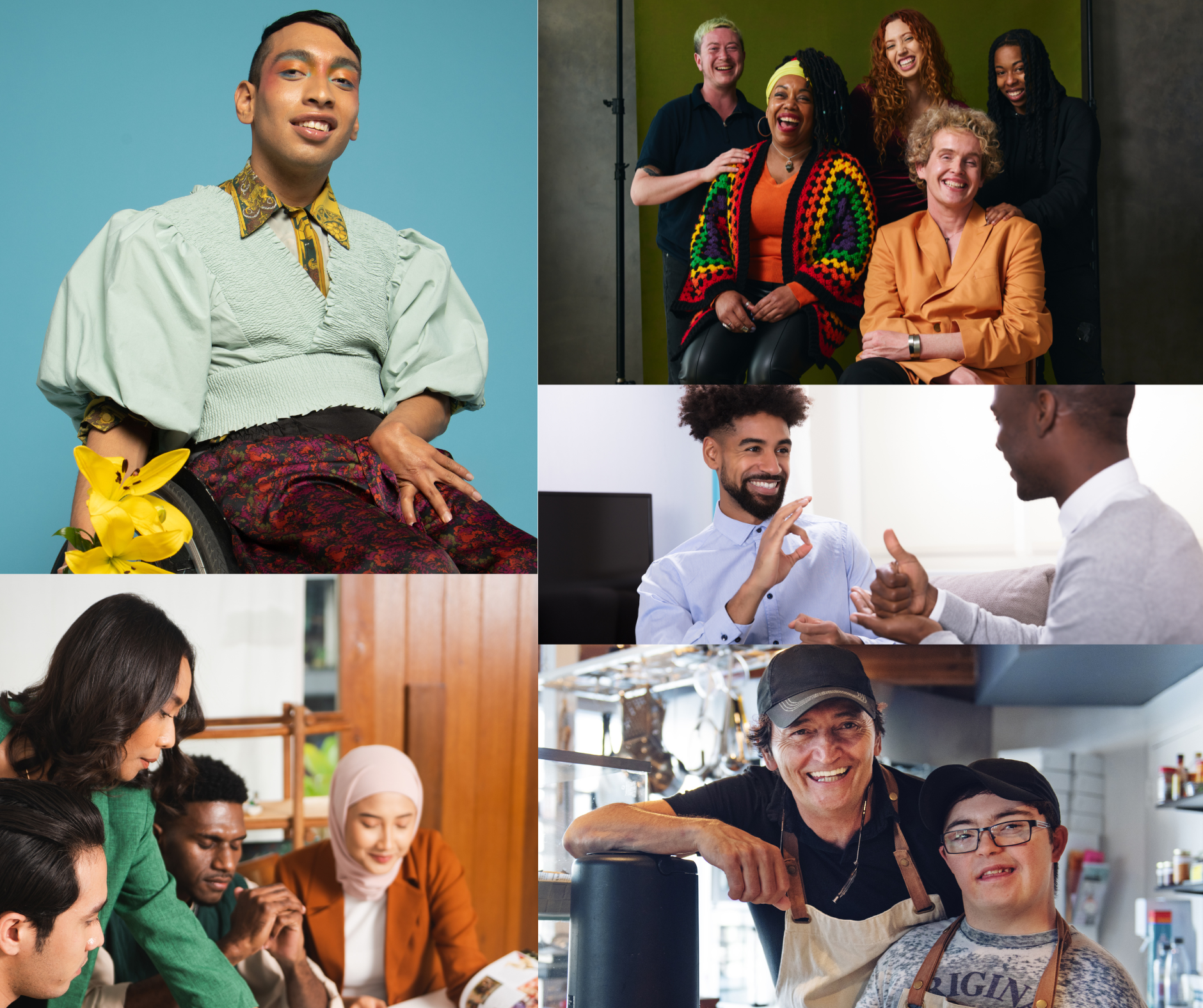 Collage of diverse groups of people engaged in various activities, including a person in a wheelchair with a plant, a group of friends laughing and talking, two men having a conversation, a woman and man discussing a document, and two men in a workshop environment.
