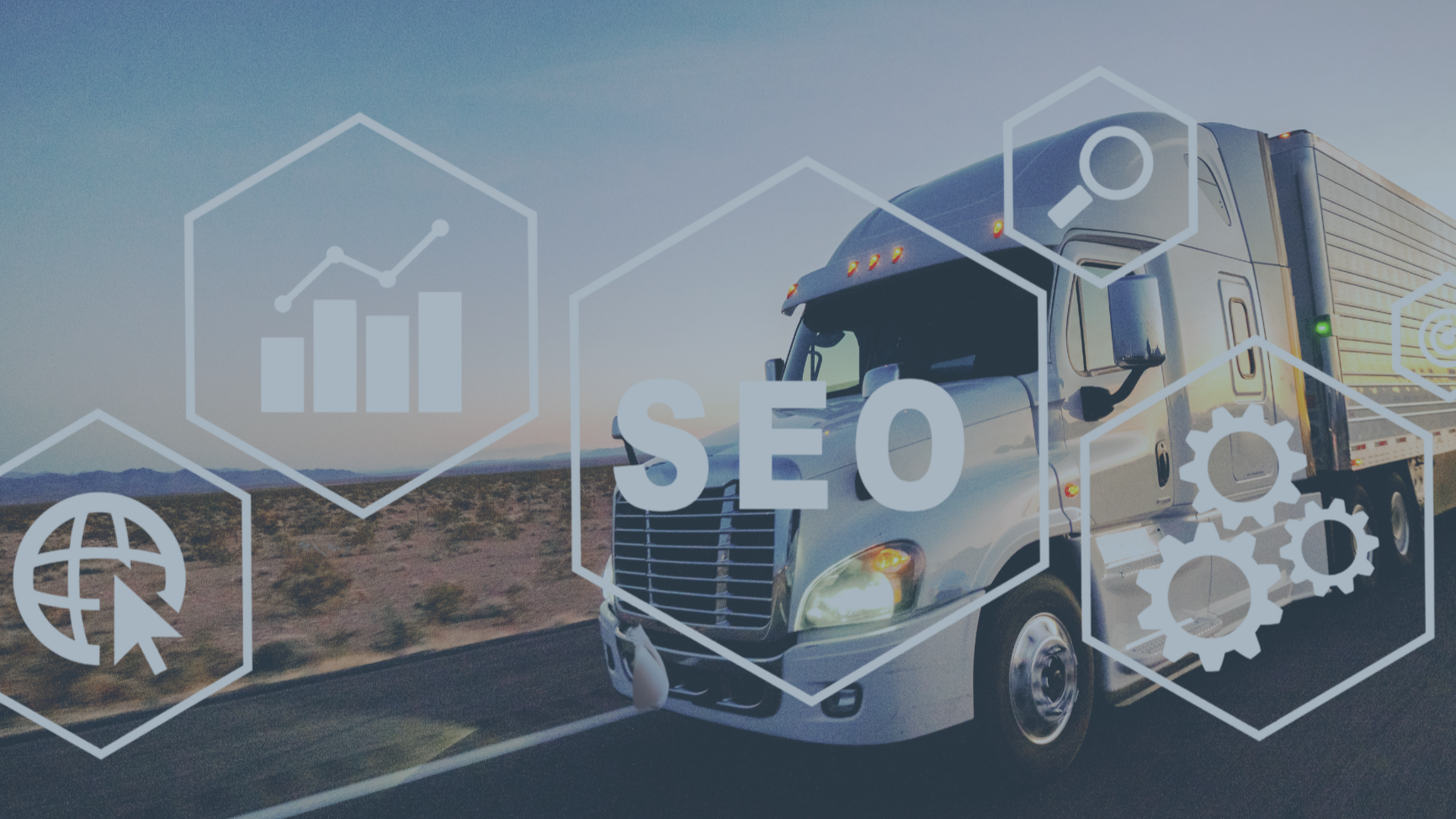 A semi-truck driving on a highway in a desert area with clear skies, overlaid with digital icons representing data analysis, global reach, SEO, and gears for settings or mechanisms.