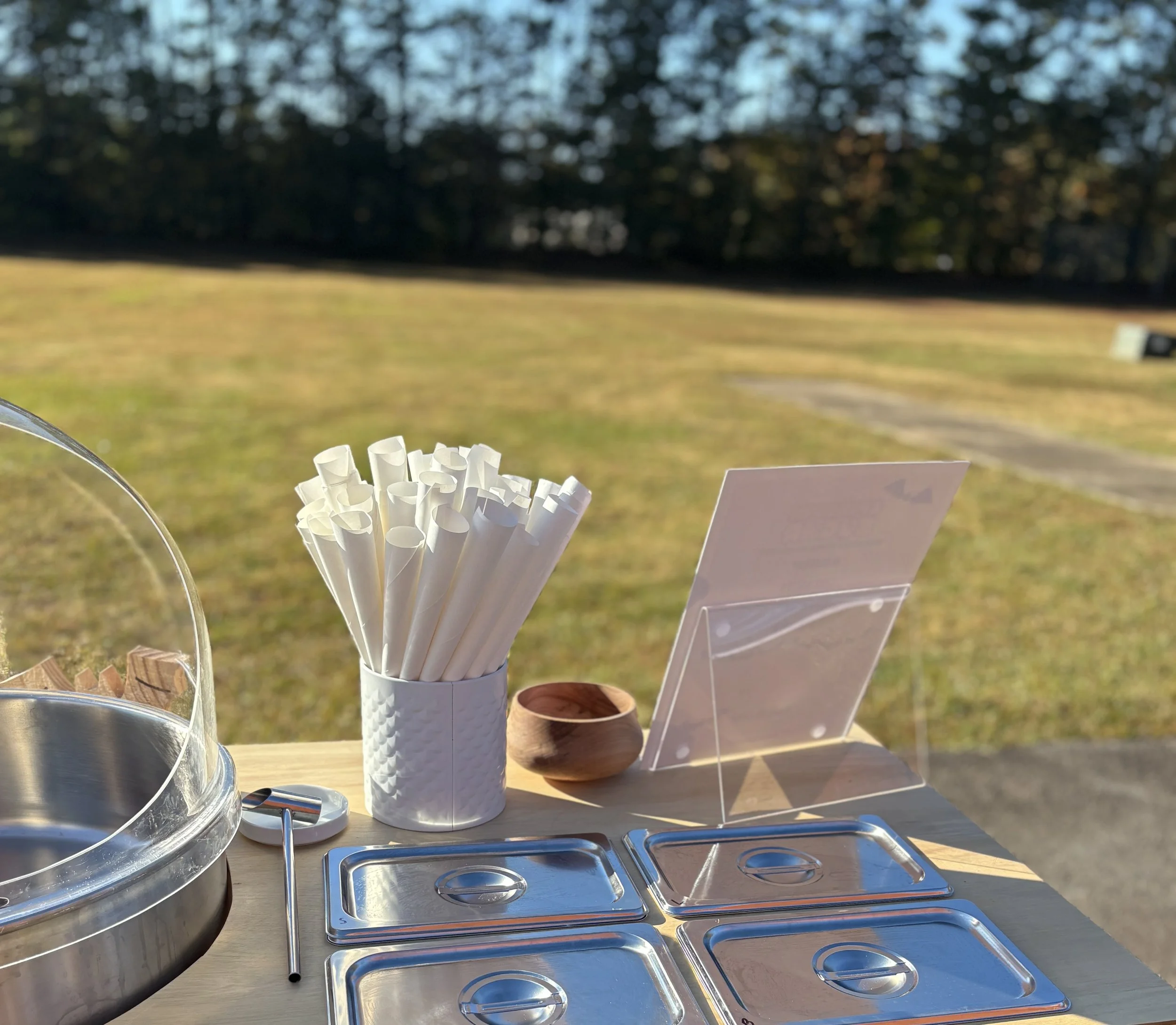 A table outdoors with stainless steel food containers, a container of white straws, a small wooden bowl, a blank menu display stand, and a large clear food dome cover, with a grassy field and trees in the background under clear weather.