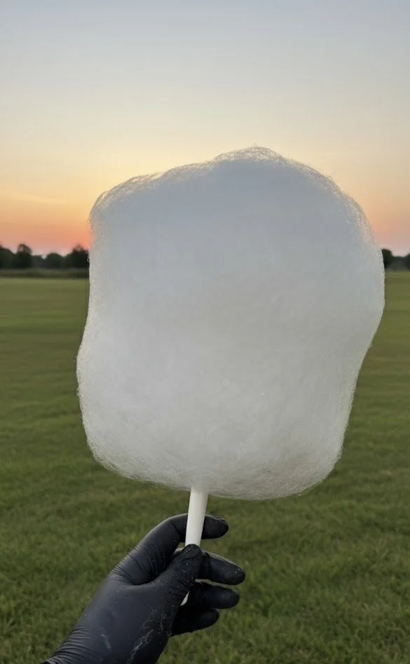 Close-up of a hand wearing a black glove holding a large piece of cotton candy on a stick, with a grassy field and a sunset sky in the background.