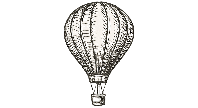 Line drawing of a hot air balloon with a basket, on a black background.