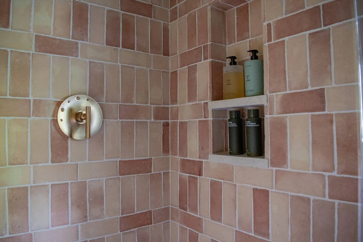 Close-up of a shower wall with pink and beige tiles, a metallic shower handle, and a niche with four bottles of toiletries.