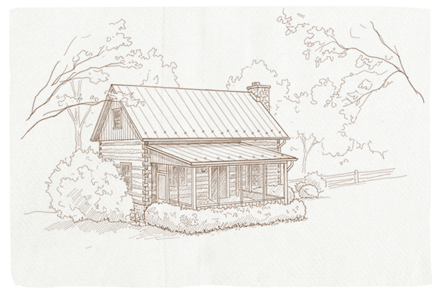 Line drawing of a rustic house with a metal roof, screened porch, surrounded by trees and bushes.