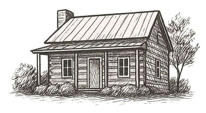 A black and white illustration of a small wooden house with a metal roof, front porch, and surrounding bushes and trees.