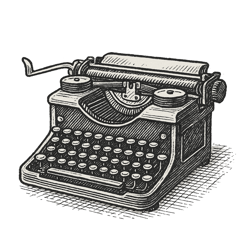 Black and white sketch of a vintage typewriter with round keys and paper roller.