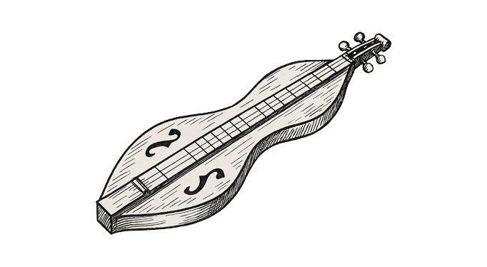 A black and white illustration of a violin with a bow resting on top of it.