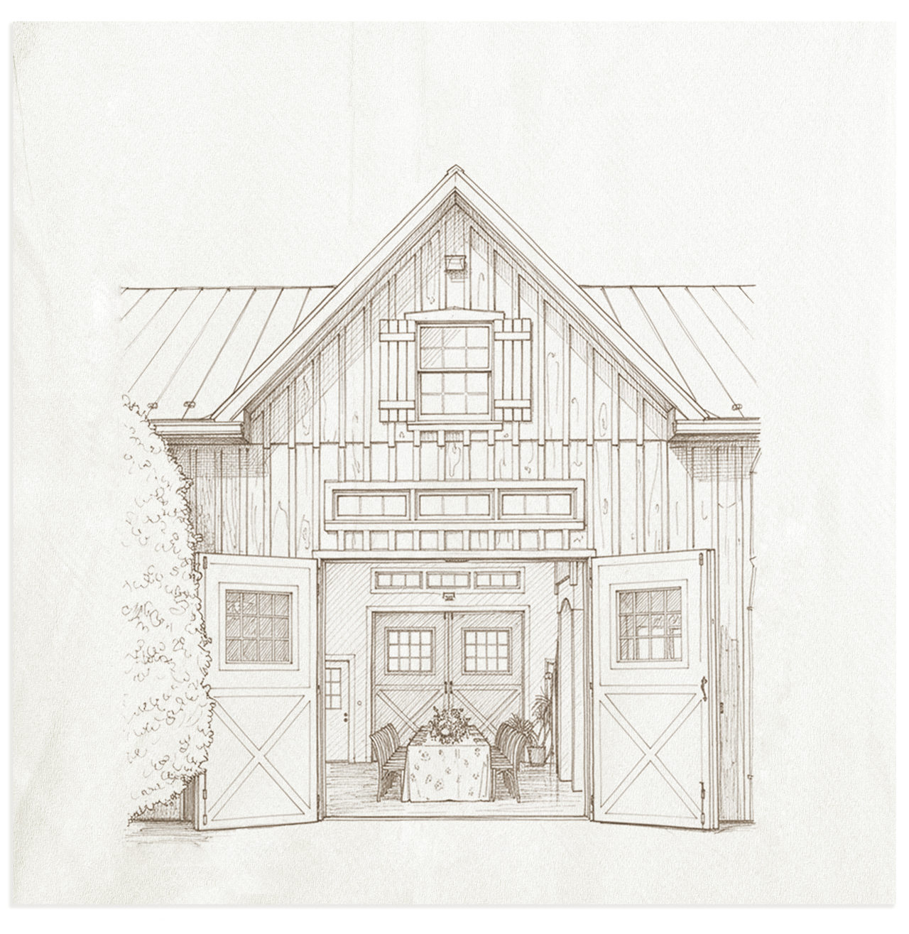 A sketch of the front of a barn with open double doors revealing a table set for dinner with chairs and plants inside.