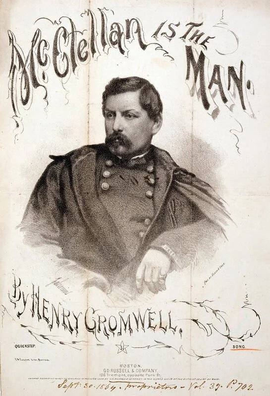 Historical illustration of Henry Gromwell, from the book titled "McClellan as the Man" by Henry Gromwell, published in Boston by G.D. Russell & Company on September 30, 1864.