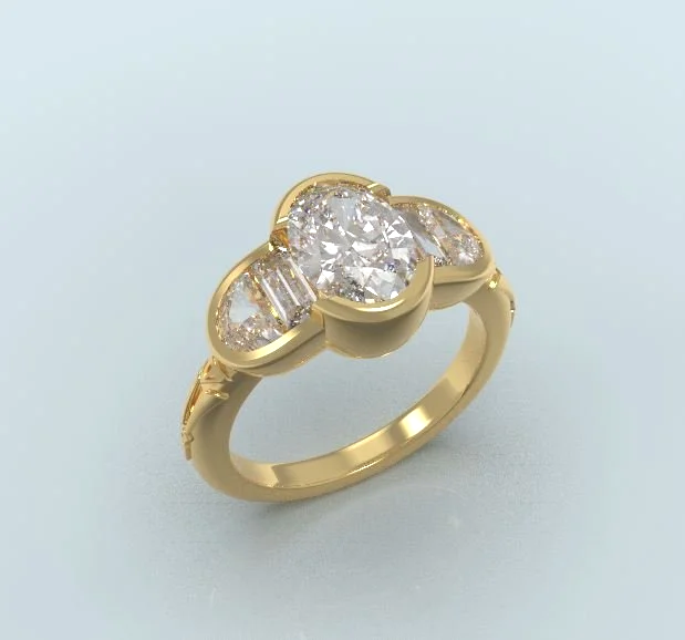 3D CAD model rendering of a partial bezel set oval lab diamond with baguette and half-moon side stones in yellow gold, 14k 18k 10k Silver Platinum Options