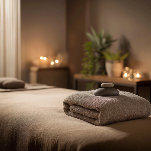 A neatly folded gray towel with smooth stones on top, placed on a bed in a cozy bedroom setting with candles and a plant in the background.