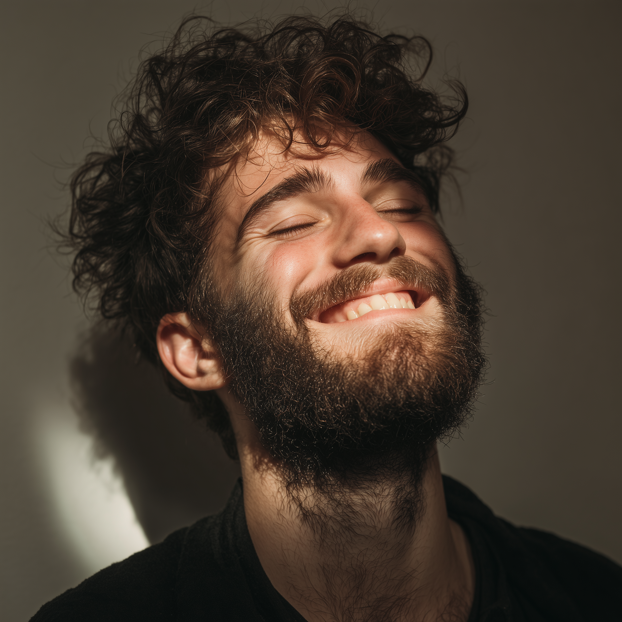 A man with curly hair and a beard smiling with his eyes closed.
