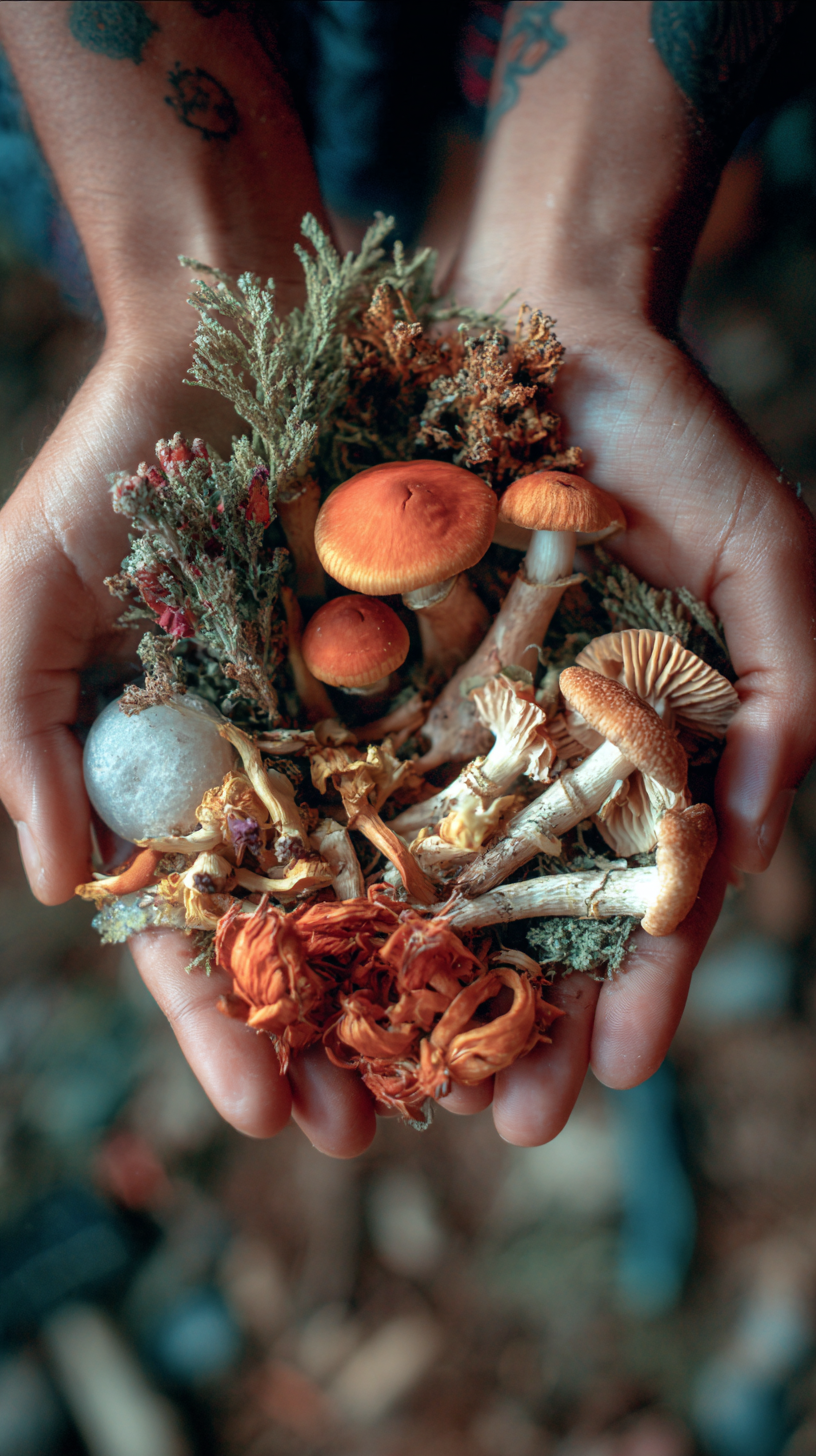Hands holding a collection of wild mushrooms, dried herbs, and moss.