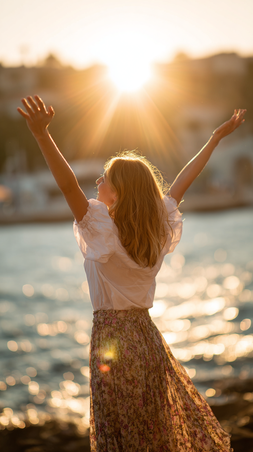 A woman with long red hair standing near water at sunset with her arms raised.
