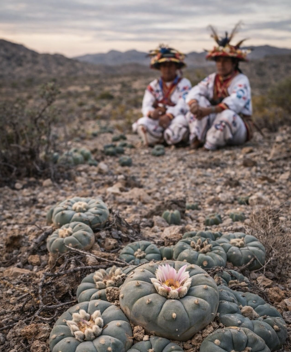 Two people dressed in traditional indigenous clothing with elaborate hats sitting on the desert ground behind blooming cactus plants.