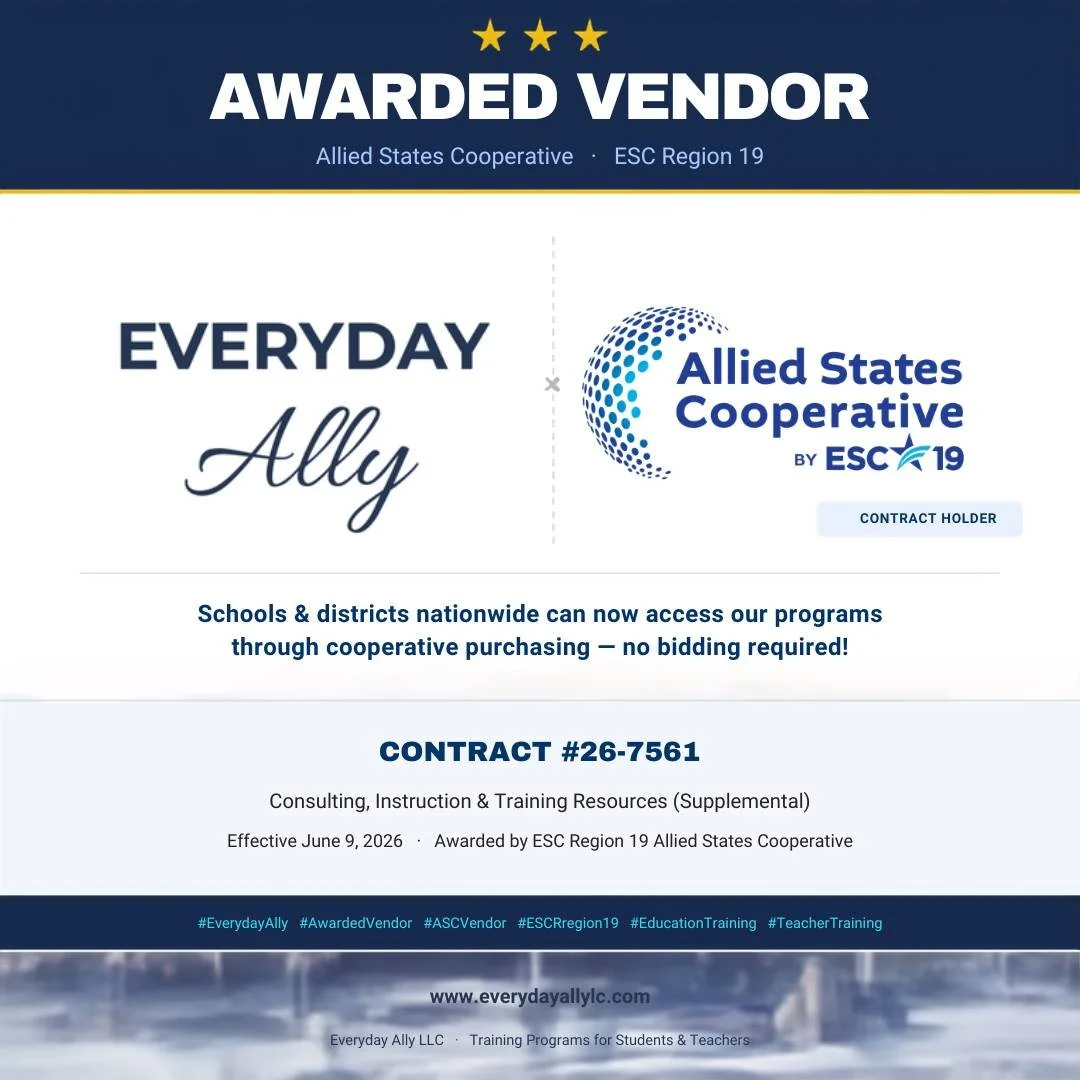 Our team brings hands-on experience delivering training to Fortune 500 companies and large enterprise clients.

Now we're bringing that same expertise to the classroom. 🎓

Everyday Ally is now an awarded vendor through the Allied States Cooperative 