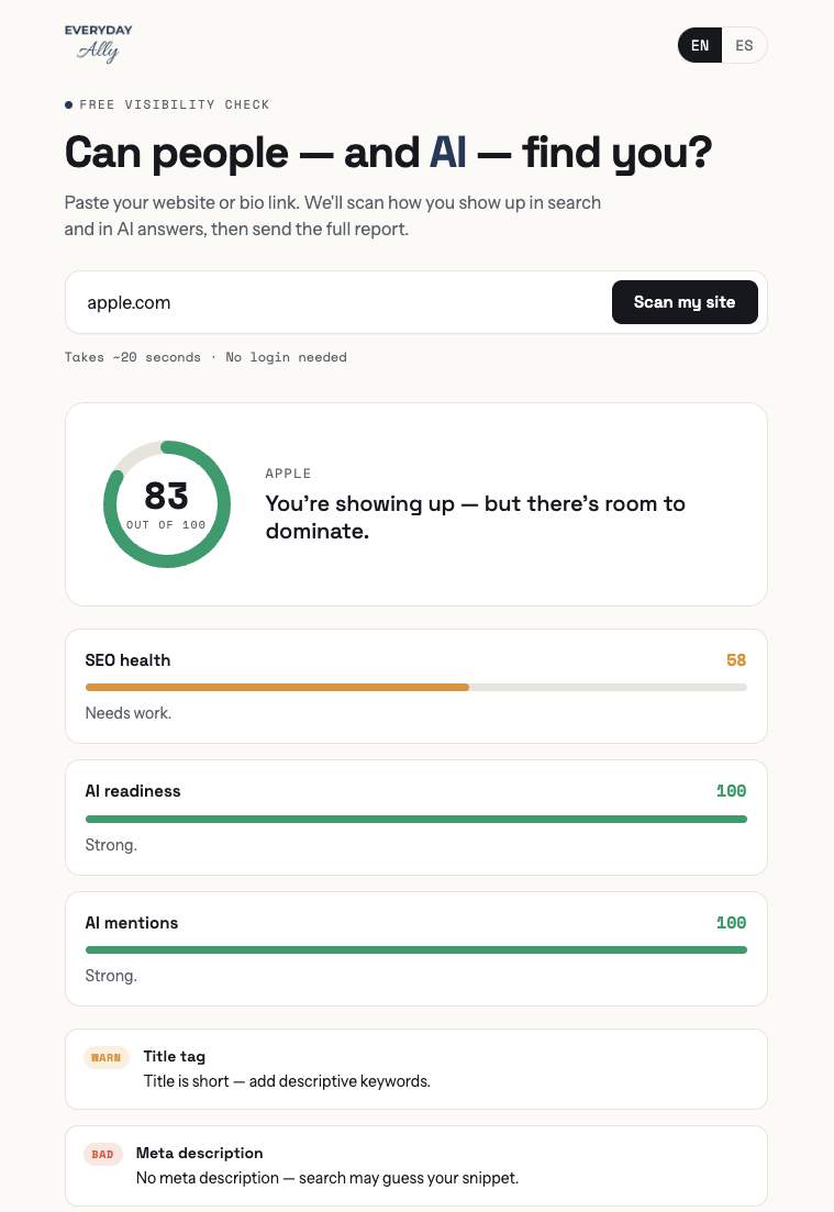 AI Visibility Snapshot Tool by Everyday Ally Free AI Check