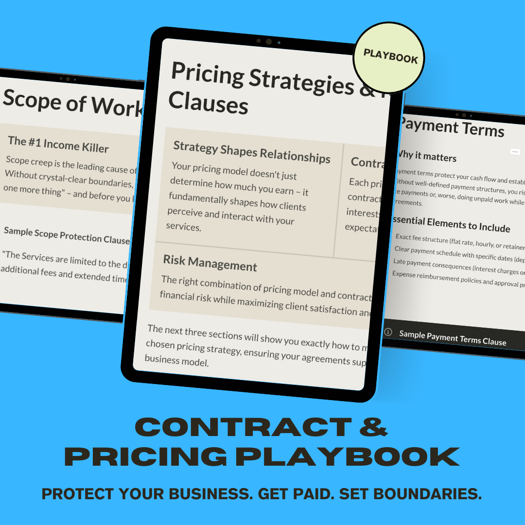 Contract and Pricing Playbook cover showing sample contract clauses and pricing strategies for consultants and freelancers