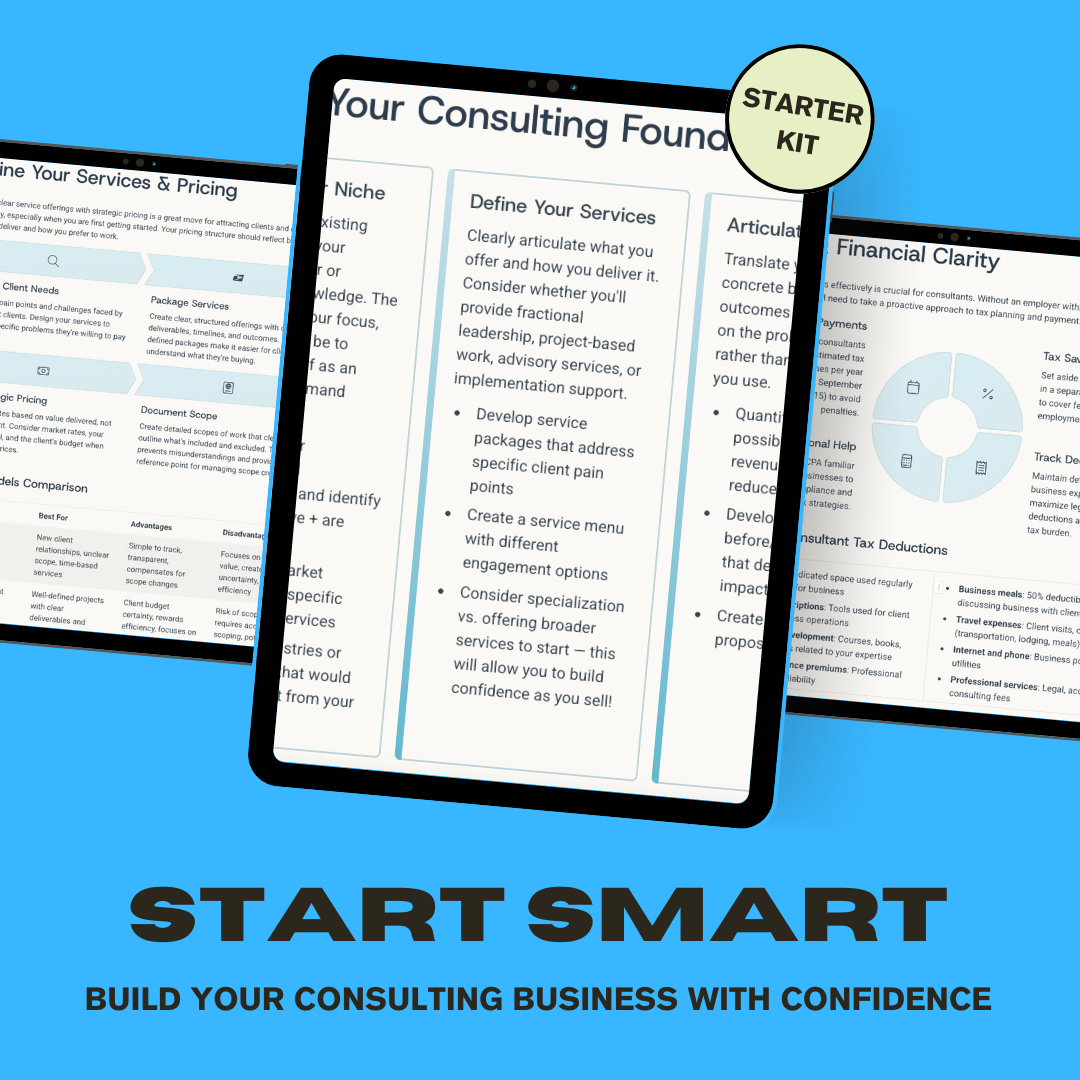 Start Smart consulting starter kit showing business formation guides and client management resources