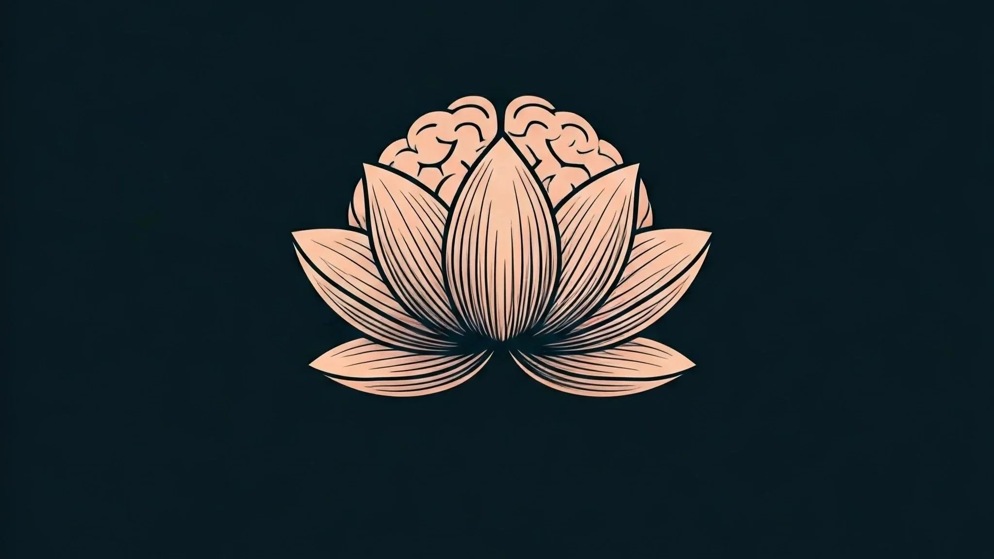 A stylized illustration of a lotus flower with pink petals and a brain inside the top part of the flower, set against a dark background.