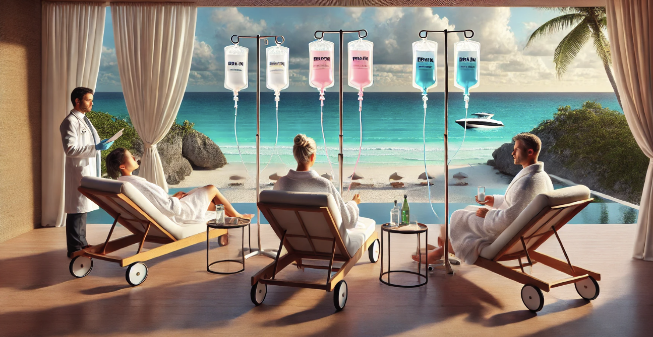 People relaxing on lounge chairs at a seaside spa while a doctor examines a patient. IV drips hang from stands. The beach and ocean are visible through large open windows, with palm trees and a boat on the water.