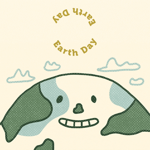 Cartoon Earth with a smiling face, surrounded by clouds, and the words "Earth Day" written in a circle above.