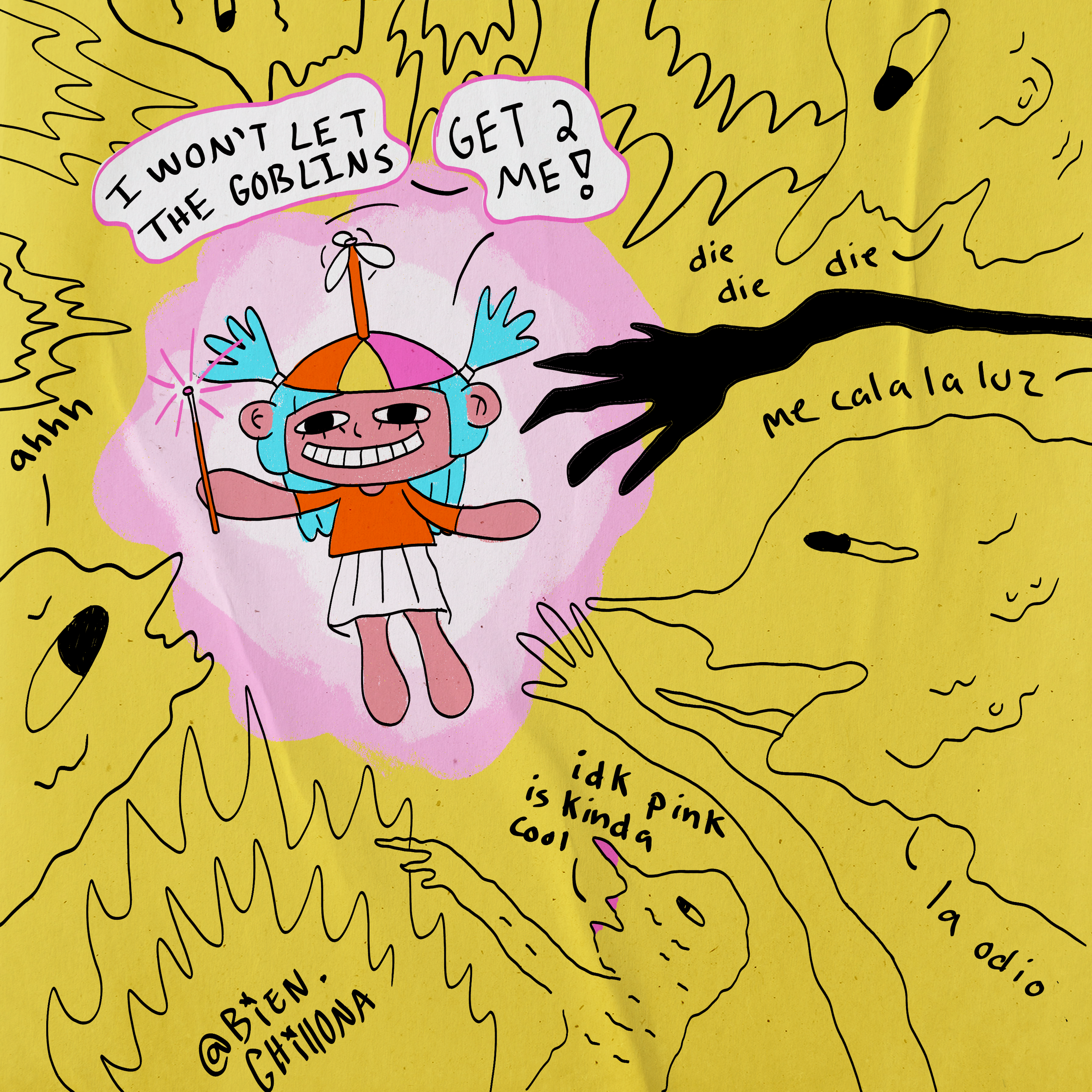 A colorful cartoon illustrating a girl with blue hair, holding a wand, and smiling. She is dressed in an orange top and a white skirt. The background is yellow with black, abstract, squiggly lines depicting a chaotic scene. There are multiple speech 