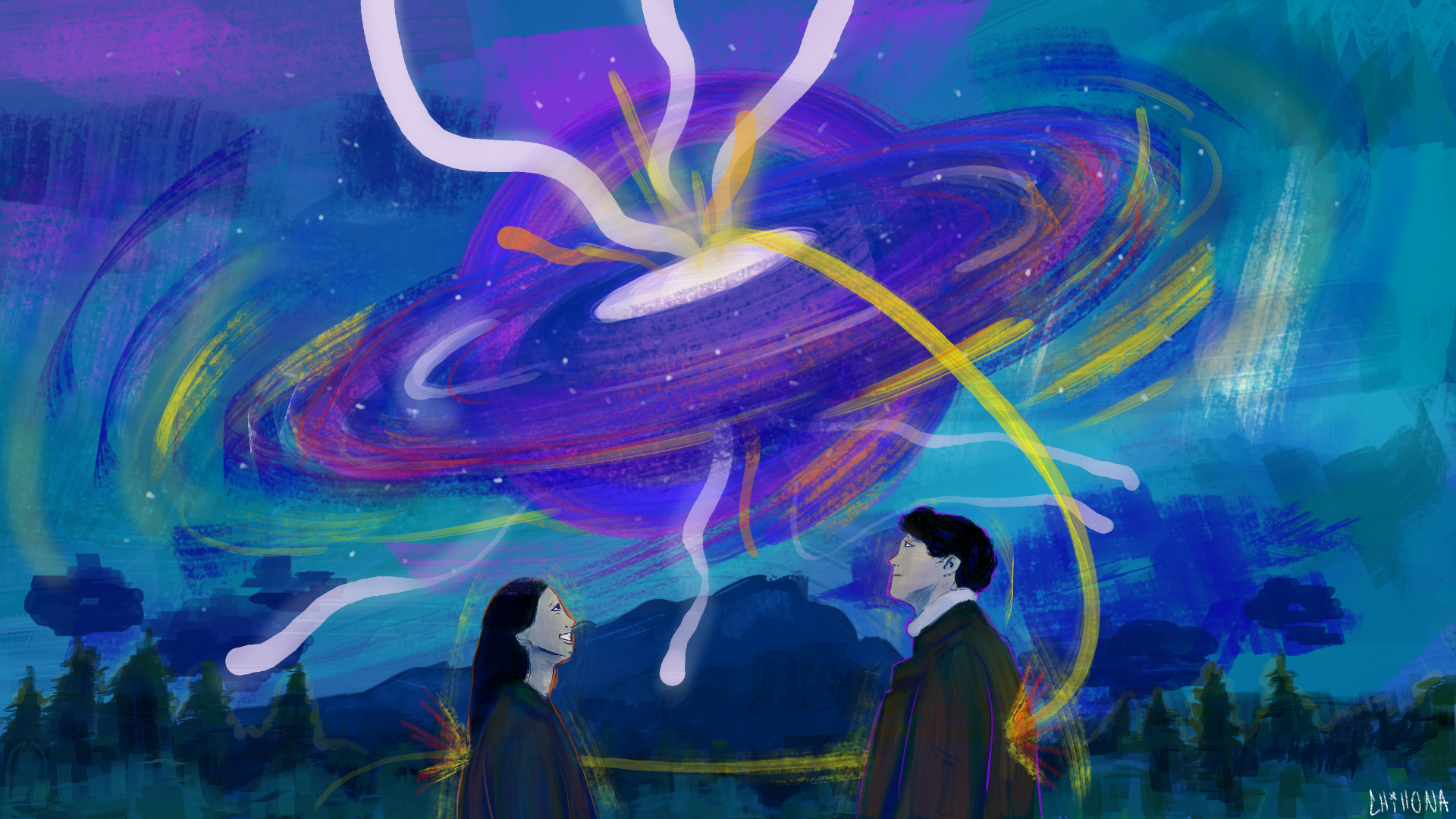 Digital artwork of two people standing outdoors at night, facing each other with a swirling, colorful cosmic explosion above them.