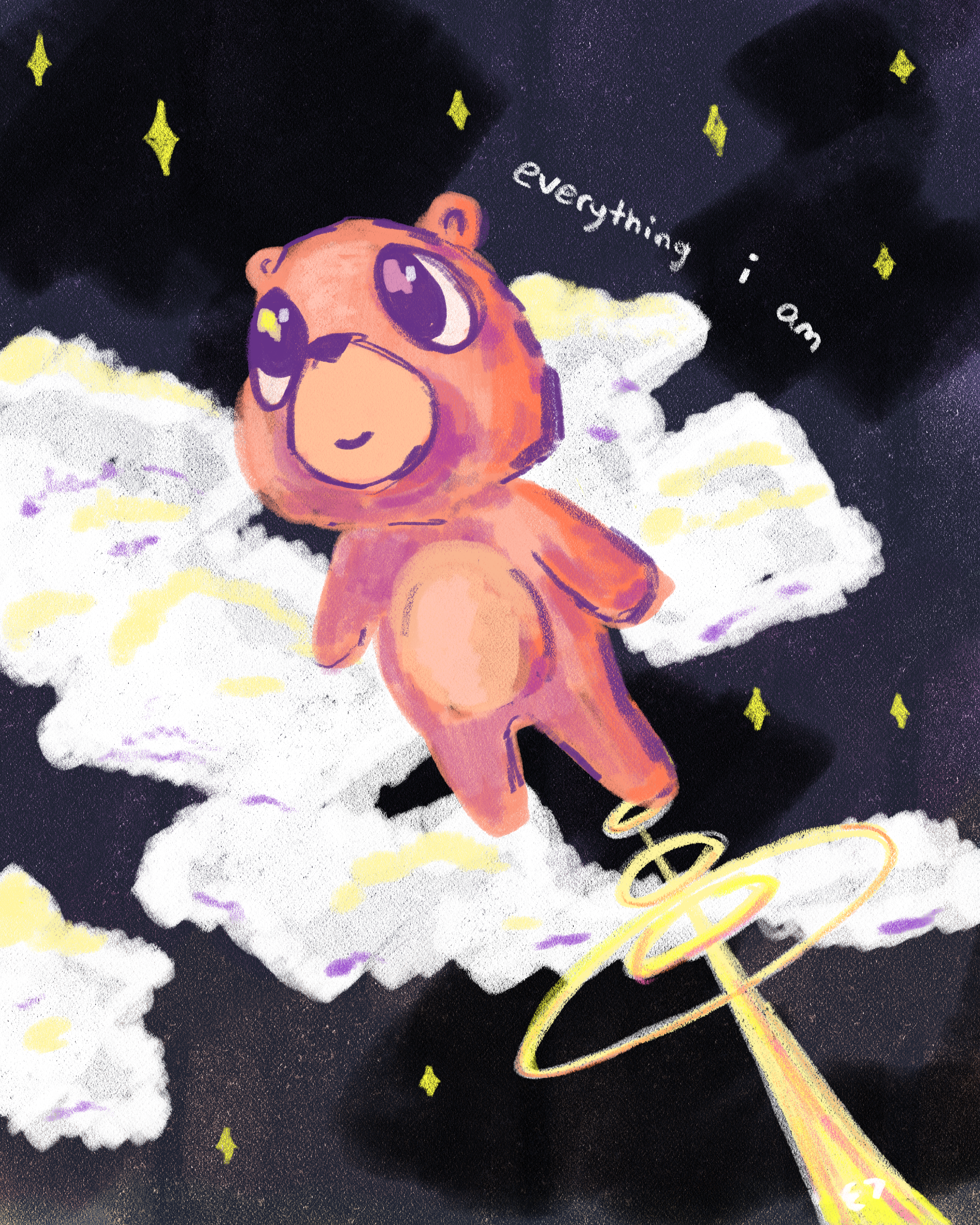 A pink teddy bear with big eyes floating in space among clouds and stars, with the phrase "everything is on" written nearby, and a yellow ring and trail below it.