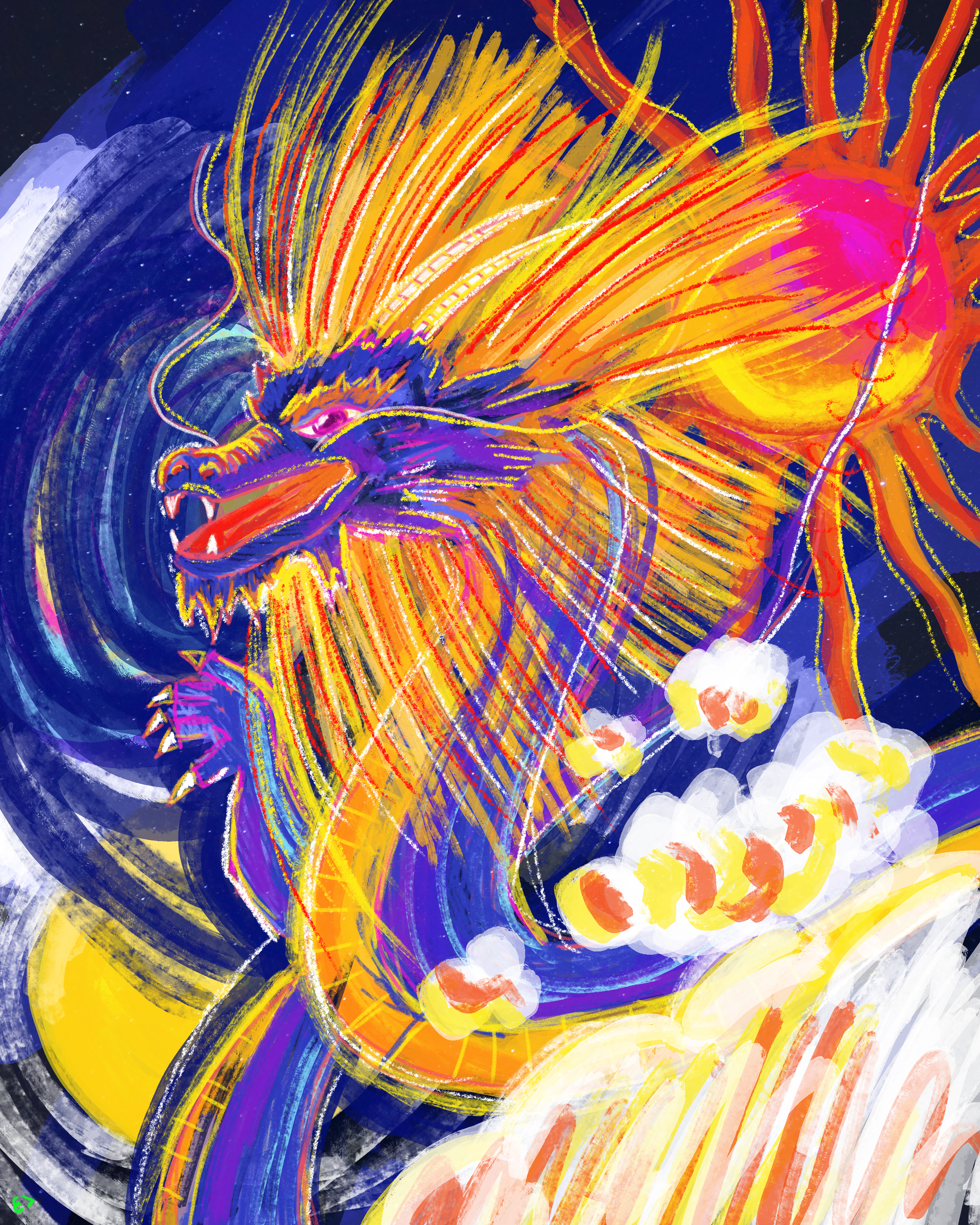 A colorful, abstract painting of a fierce dragon with a vibrant rainbow-like mane, sharp teeth, and glowing eyes, surrounded by swirling clouds and a dark, dynamic background.