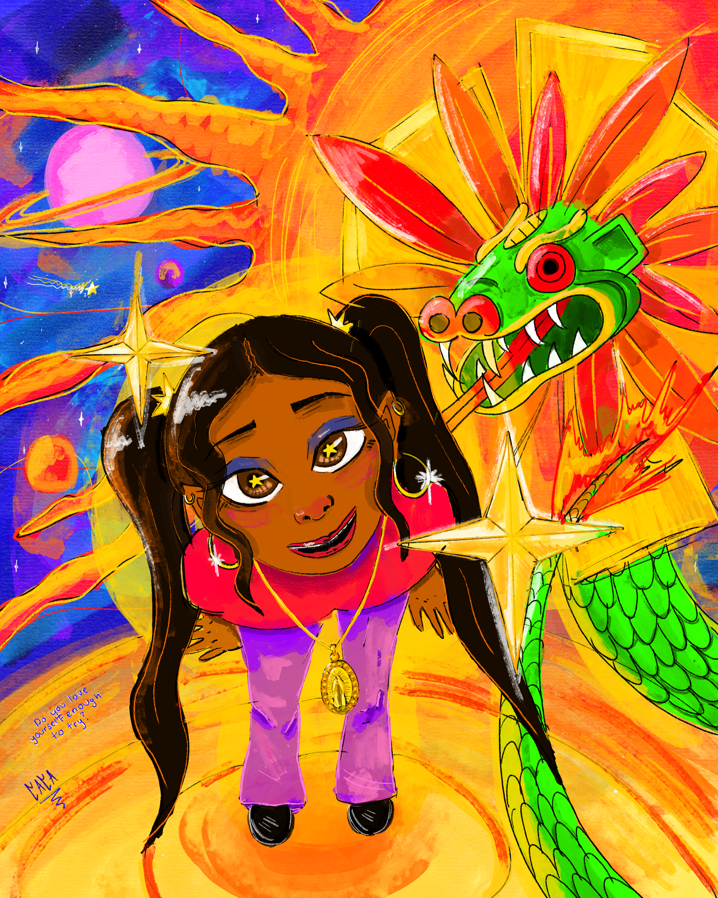 Colorful illustration of a girl with long dark hair, wearing a red shirt and purple pants, smiling with star-shaped eyes. She is surrounded by bright stars, a vibrant orange and yellow background, a green and red dragon with a wide open mouth, and a 