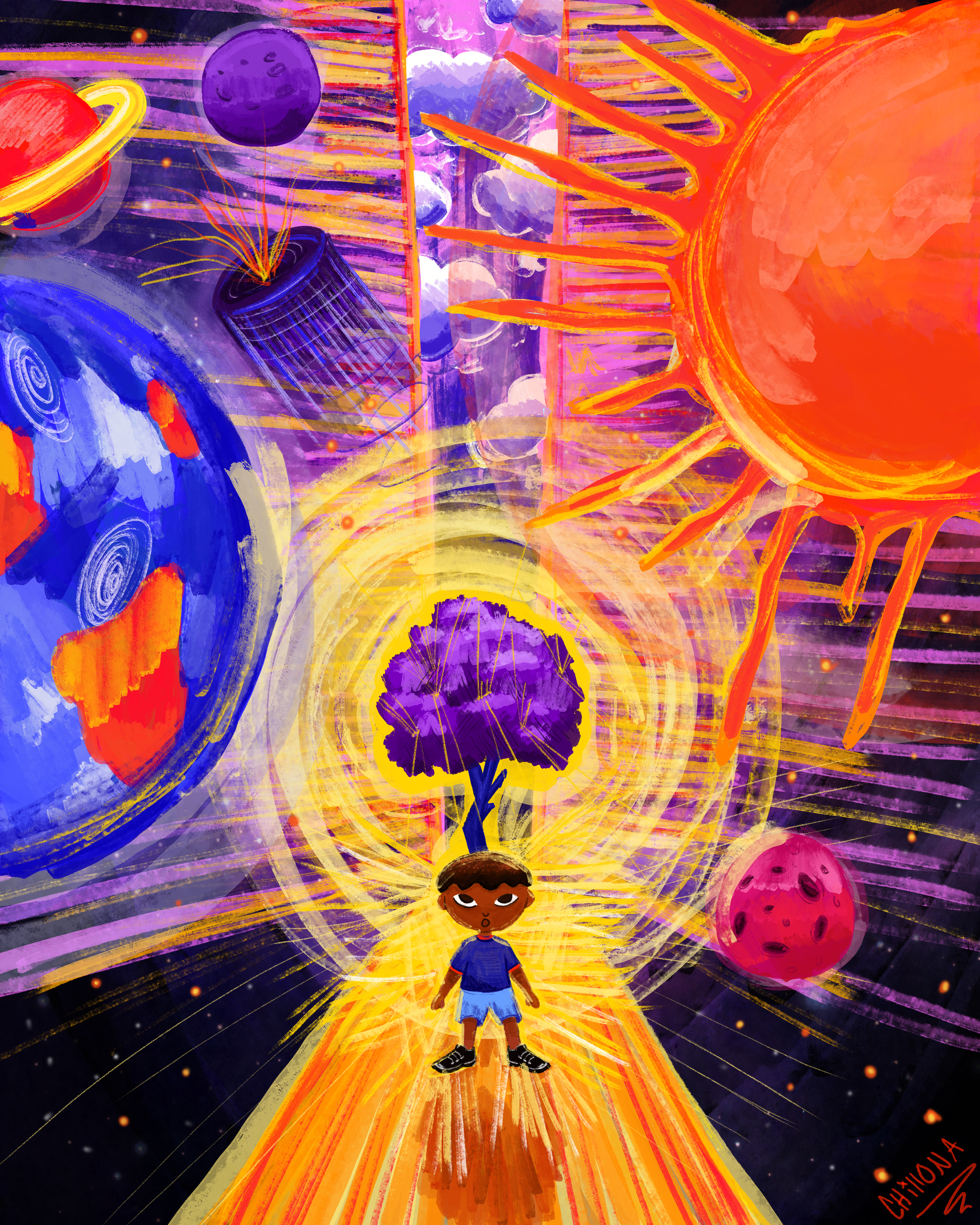 A vibrant, colorful digital illustration featuring a young boy standing on a glowing path in space, with a large purple tree behind him. Surrounding him are planets, stars, and abstract cosmic elements, including a bright sun, fiery streaks, and clou