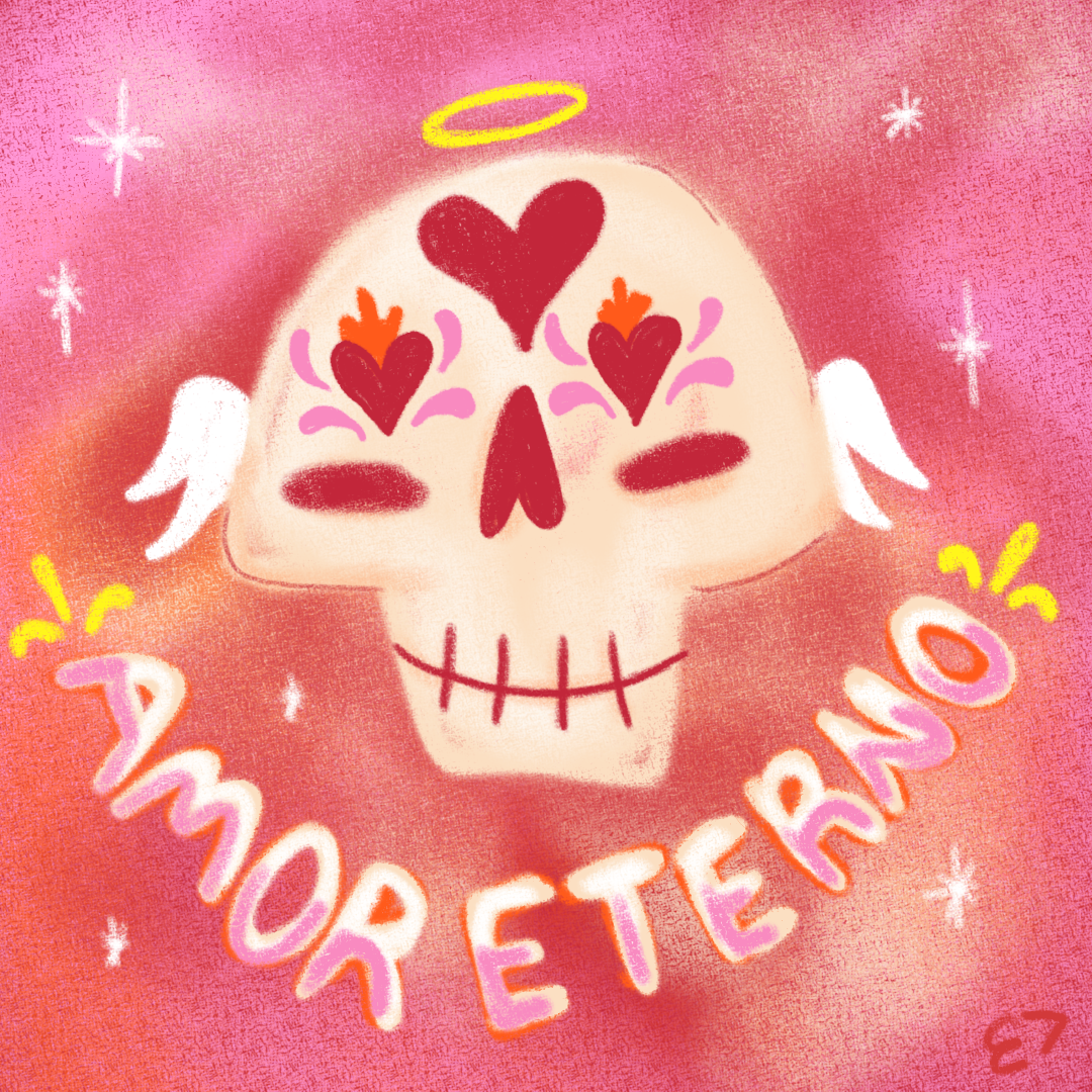 Colorful illustration of a sugar skull with heart-shaped eyes, angel wings, a halo, and the phrase 'June 13th or ETEANO' on pink background with stars and sparkles.