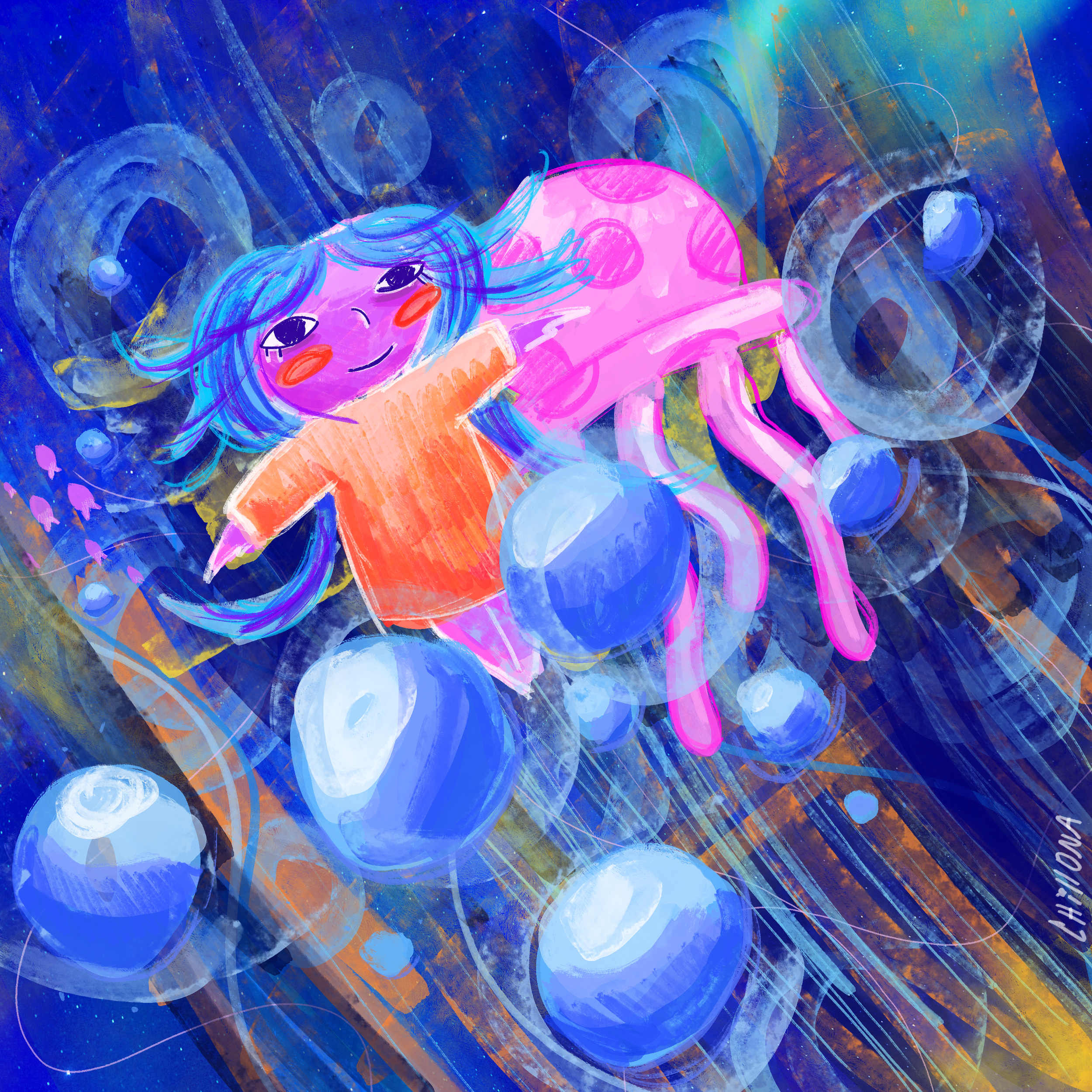 A colorful, whimsical digital painting of a girl with blue hair and an orange shirt, floating in space among blue and white spheres, with a pink creature resembling a mix between a dog and a dragon.