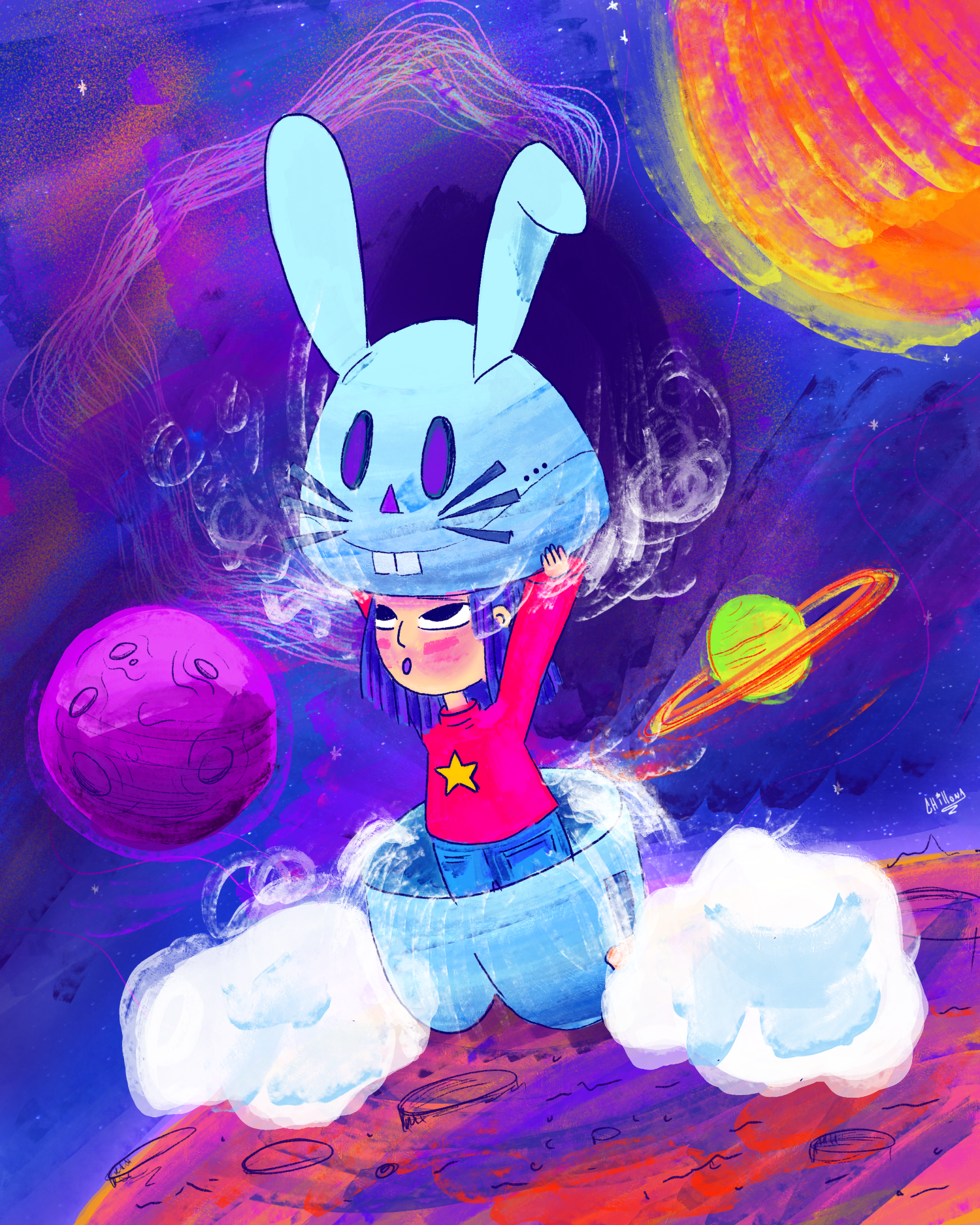 A cartoon girl floating in space on clouds, wearing a red shirt with a yellow star, holding a large bunny skull mask above her head. The background features planets, stars, and colorful nebulae.
