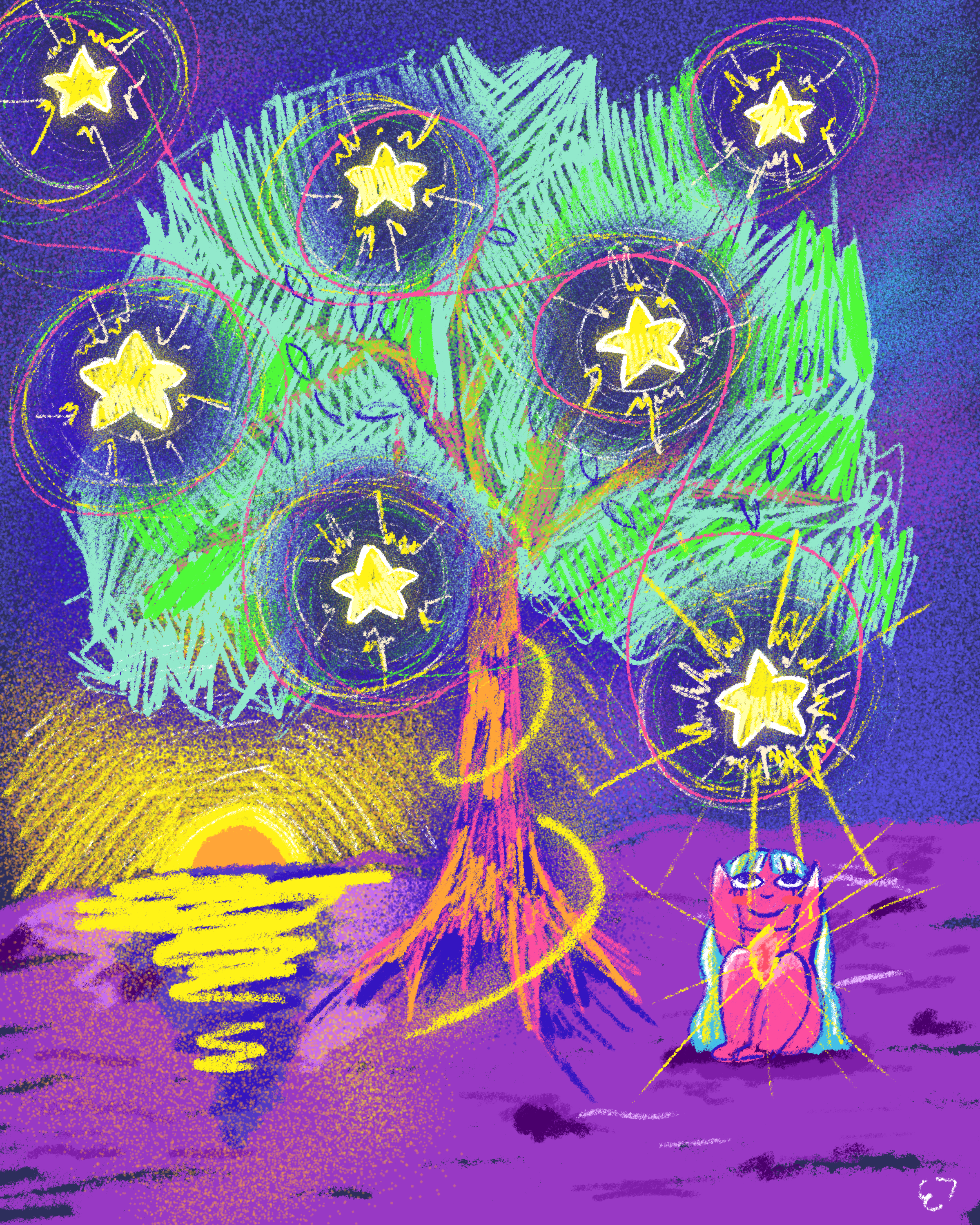 Drawing of a colorful tree with star-shaped lights hanging from its branches, a sunset or sunrise in the background, and a pink, blue, and yellow cat sitting underneath the tree.