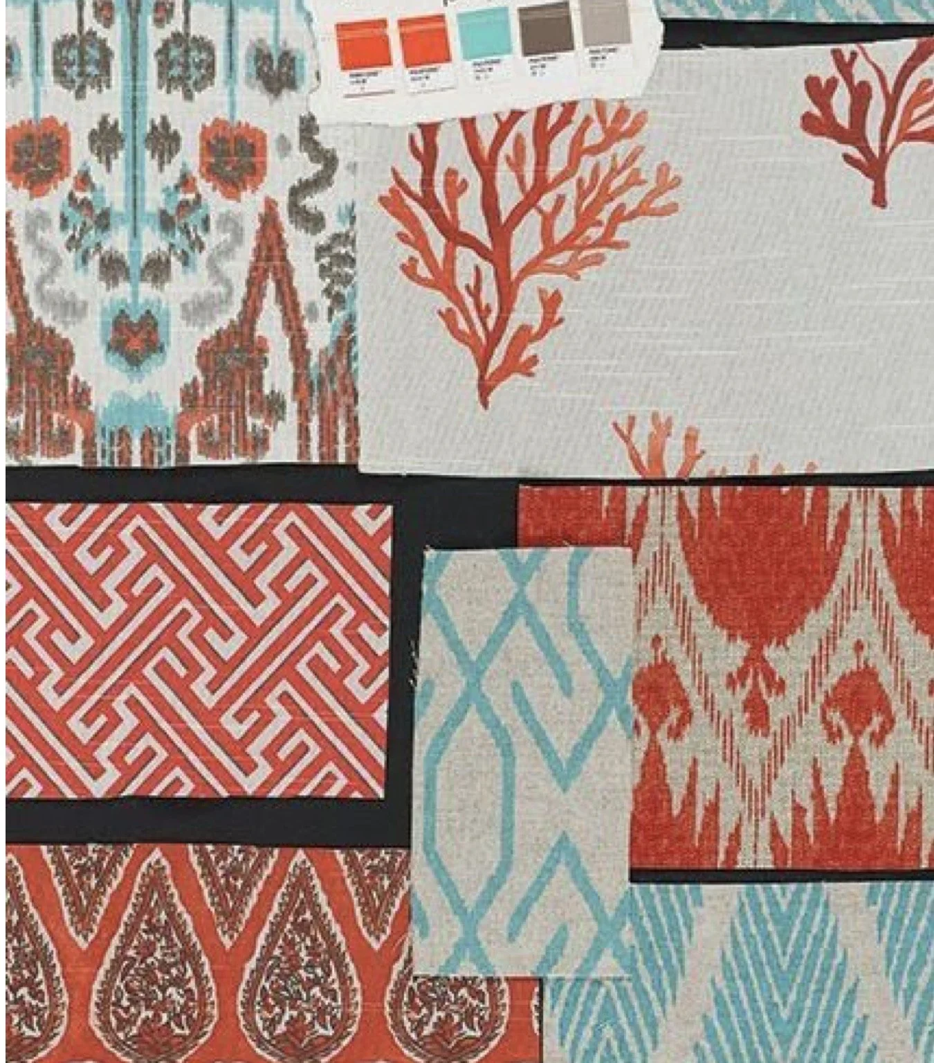 Various patterned fabric swatches in red, blue, and gray tones arranged in a collage.