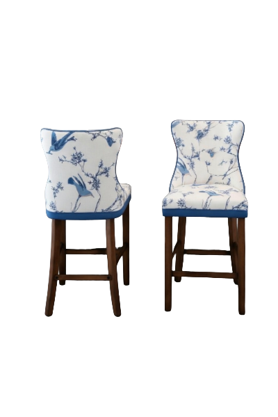 blue and white floral barstools with walnut legs and birds