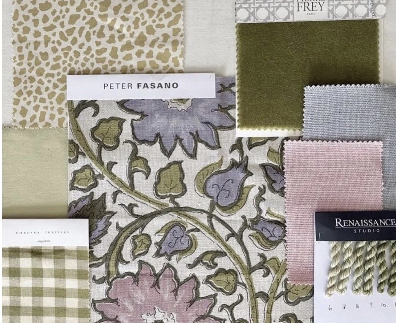Fabric swatches in different patterns and colors, including floral, plaid, and solid textures, arranged on a white background